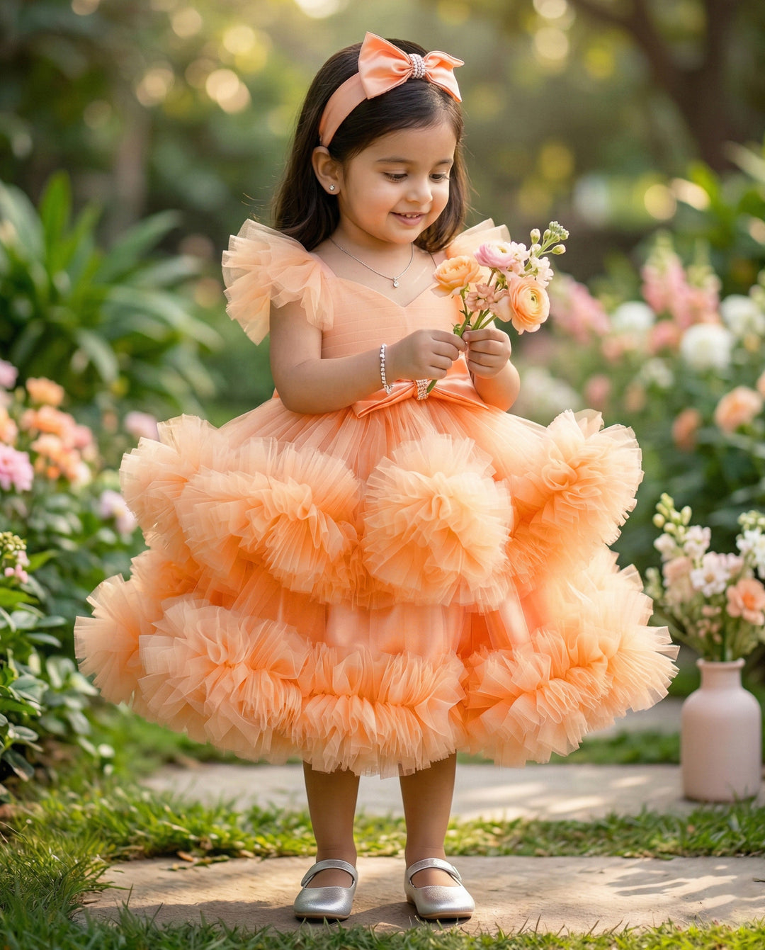 Light pumpkin shade baby girls birthday dress, heavy ruffles partywear frock, baby girl birthday outfit