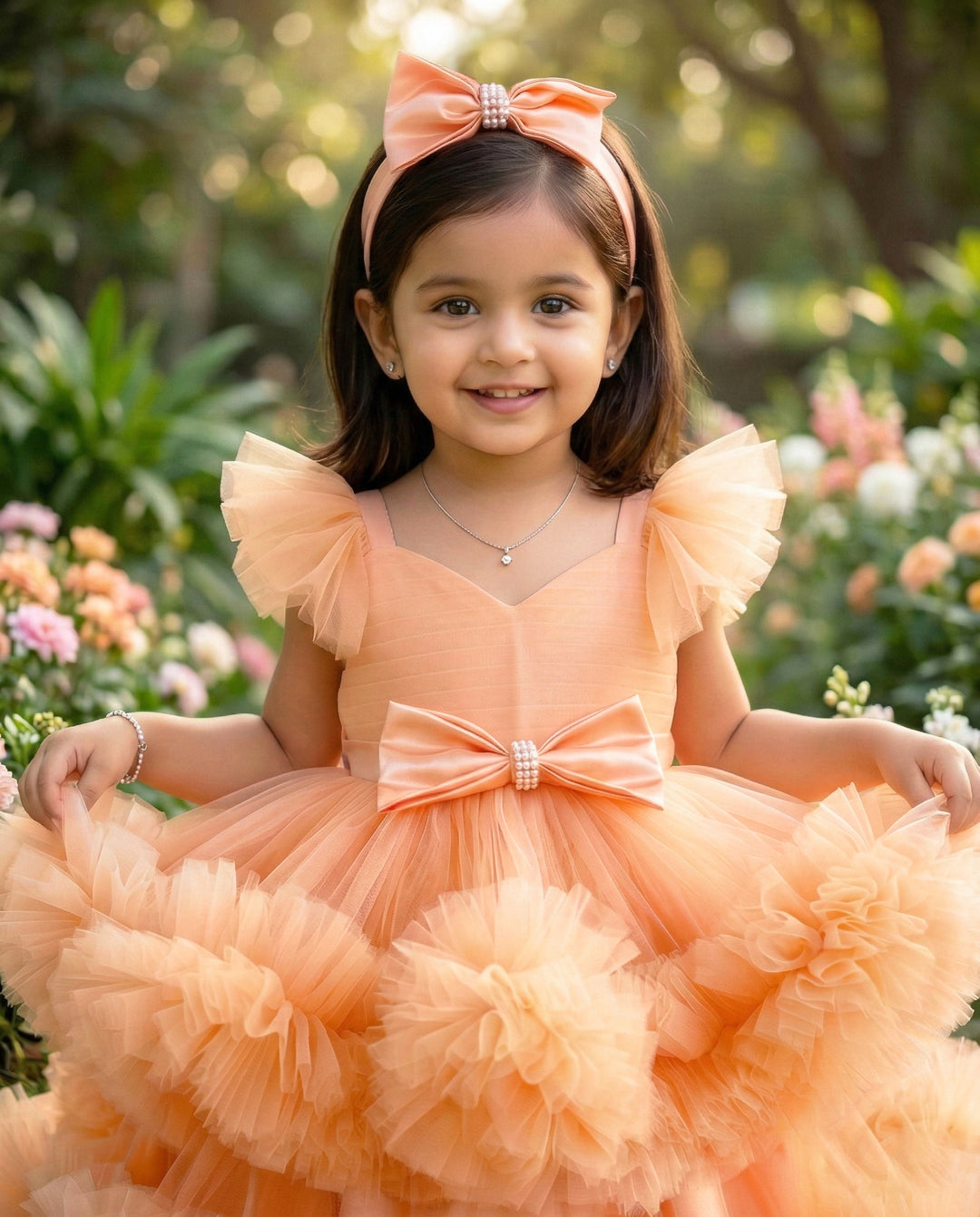 Light pumpkin shade baby girls birthday dress, heavy ruffles partywear frock, baby girl birthday outfit