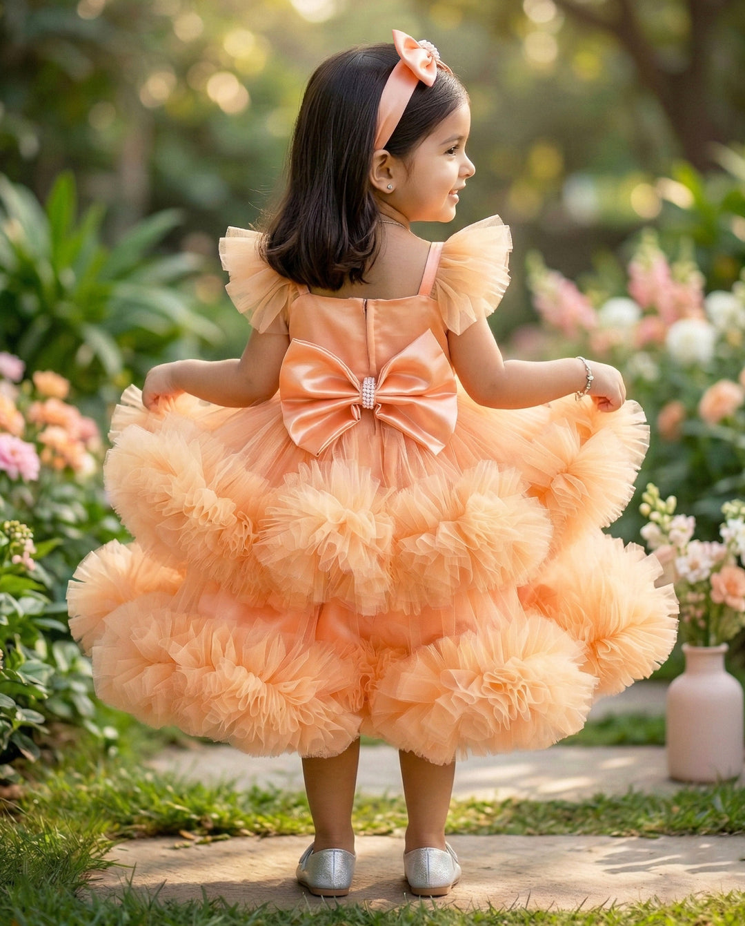 Light pumpkin shade baby girls birthday dress, heavy ruffles partywear frock, baby girl birthday outfit