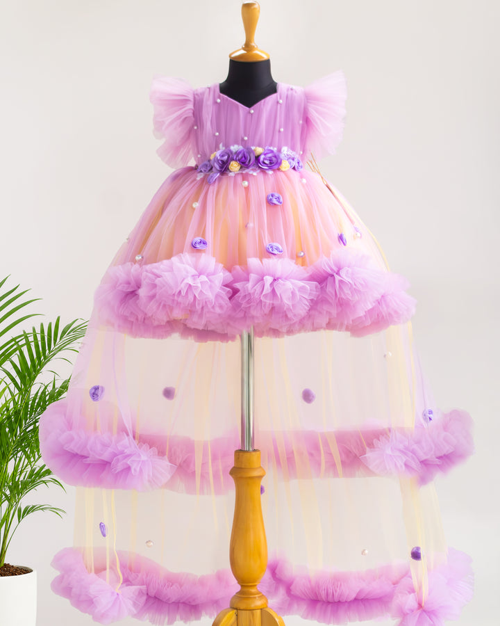 Lilac and baby yellow dual tone floral fancy partywear frock for baby girl – front view, Stanwells Kids