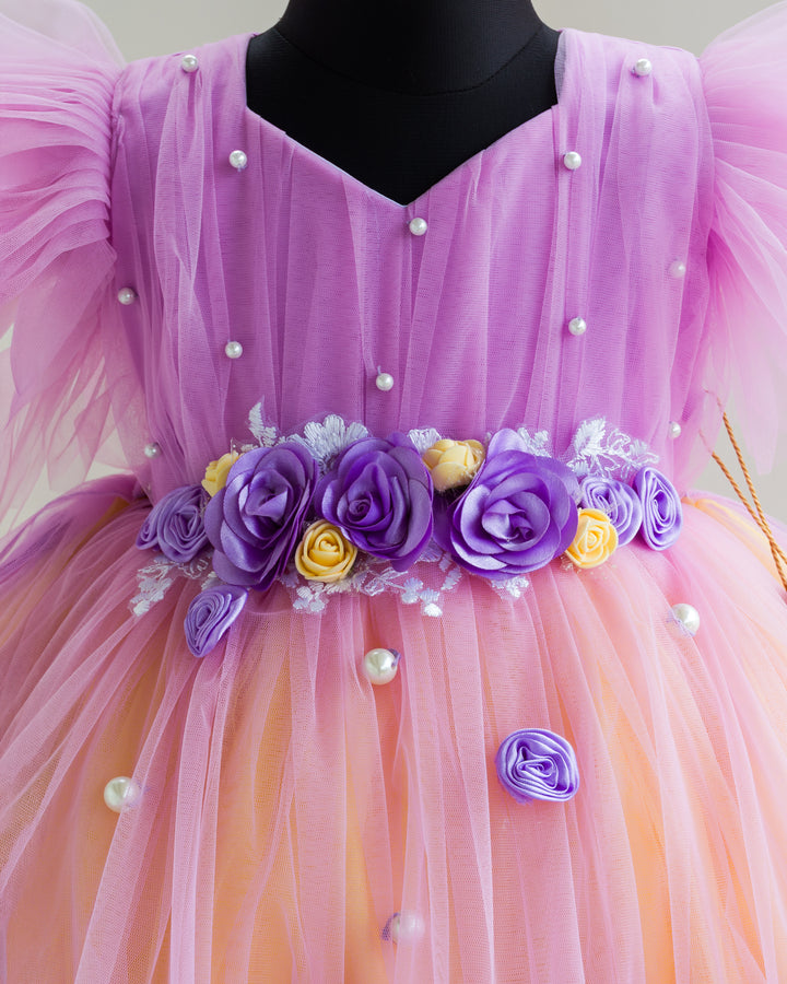 Pleated floral yoke detail on lilac baby yellow dual tone partywear frock – Stanwells Kids