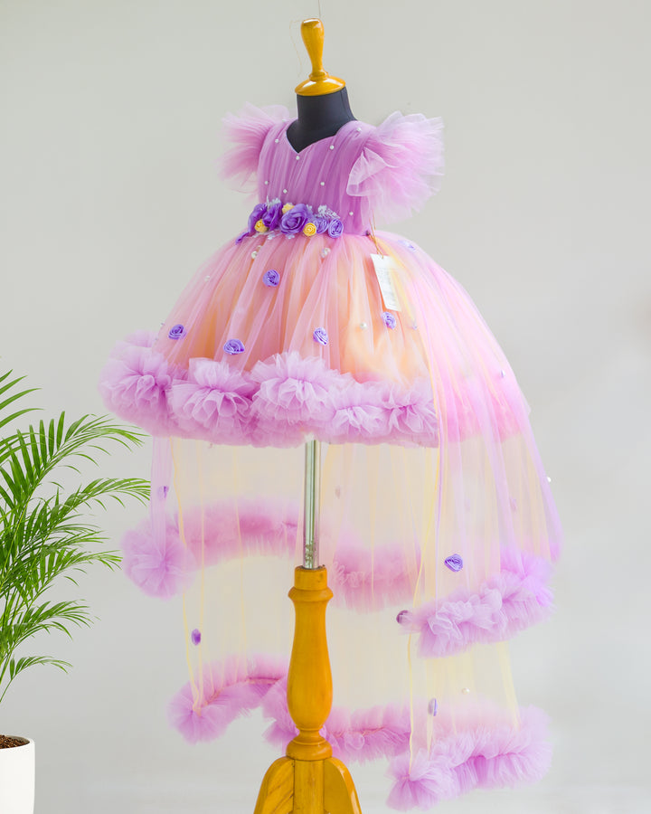 Layered lilac baby yellow net skirt on floral fancy partywear frock – Stanwells Kids