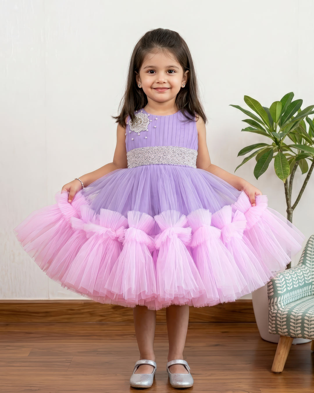 Lilac & Baby Pink Combo Handwork Partywear Birthday Frock