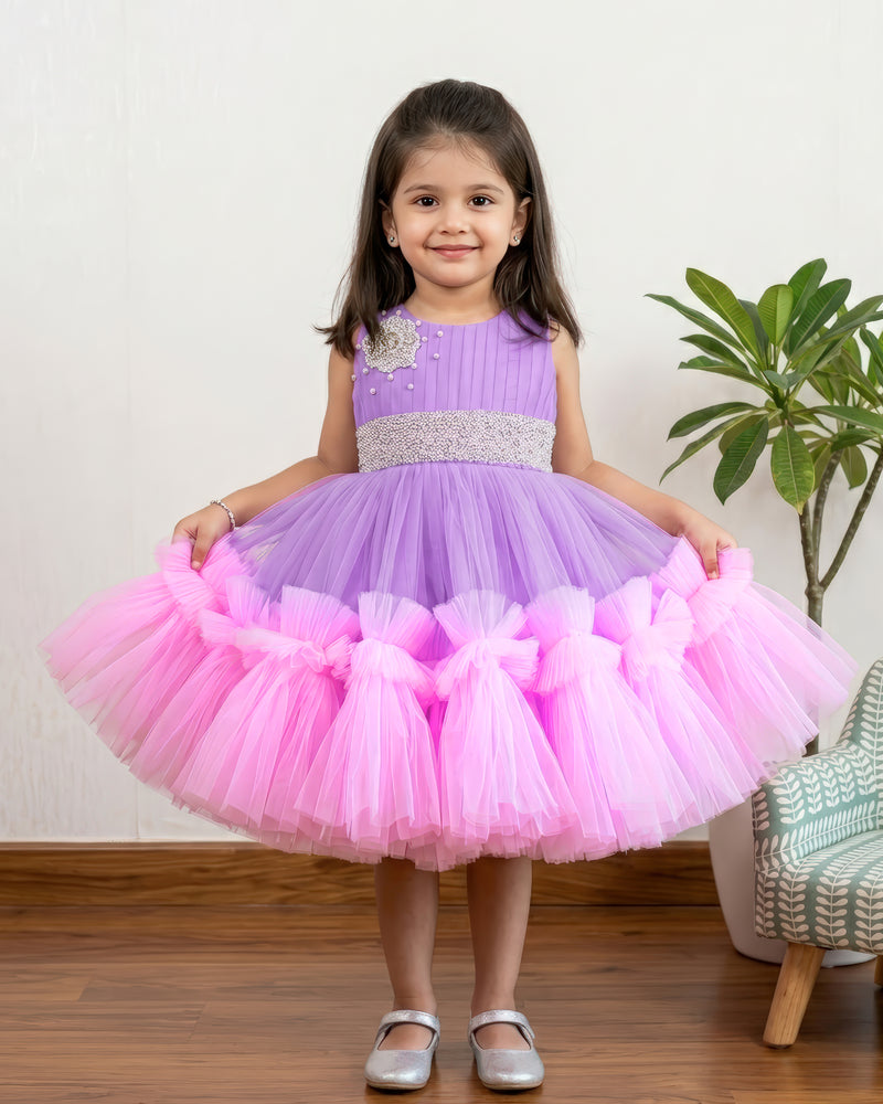 Lilac & Baby Pink Combo Handwork Partywear Birthday Frock