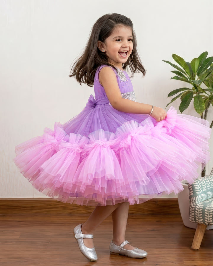 Lilac &amp; Baby Pink Combo Handwork Partywear Birthday Frock