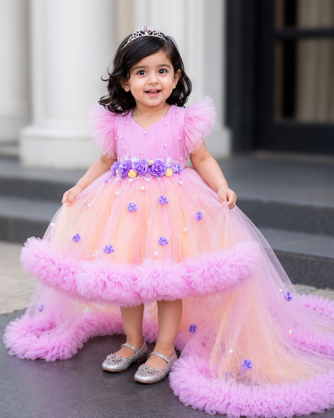 Lilac and baby yellow dual tone floral fancy partywear frock for baby girl – front view, Stanwells Kids