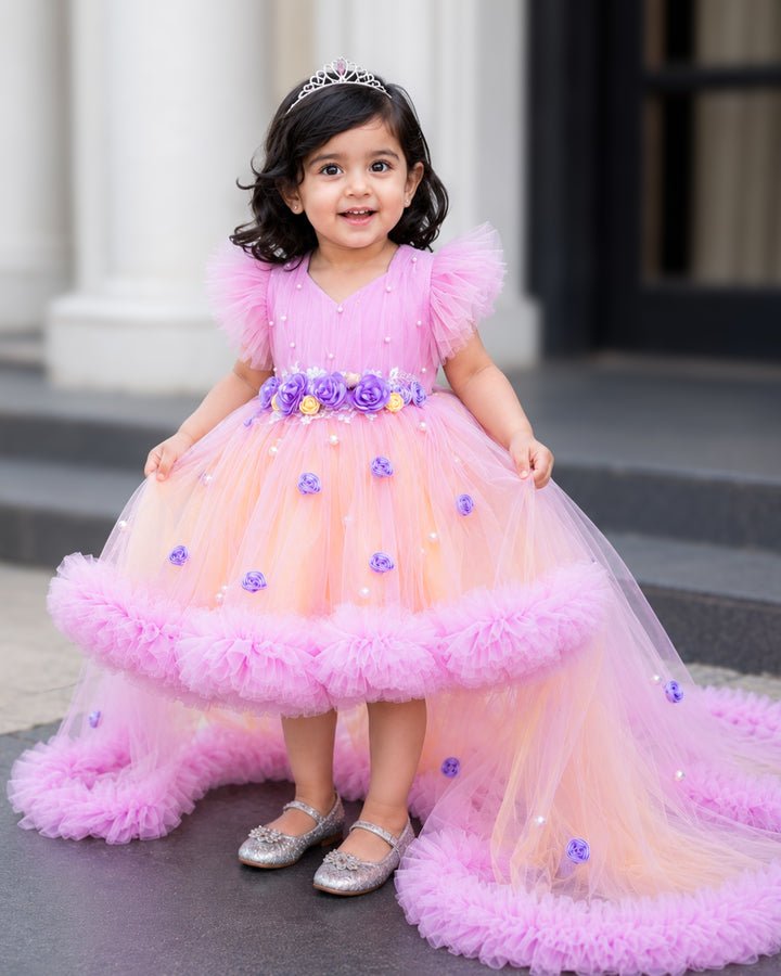Lilac and baby yellow dual tone floral fancy partywear frock for baby girl – front view, Stanwells Kids