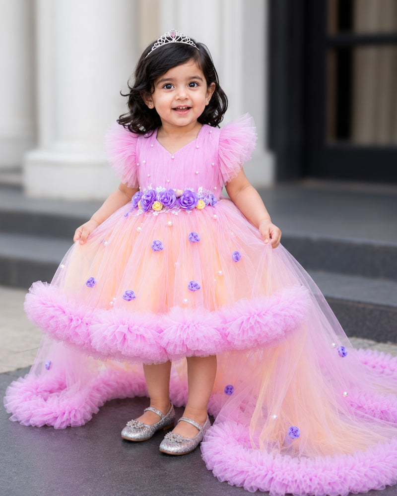 Lilac & Baby Yellow Shade Dual Tone Floral Fancy Partywear Frock for Baby Girl – Stanwells Kids