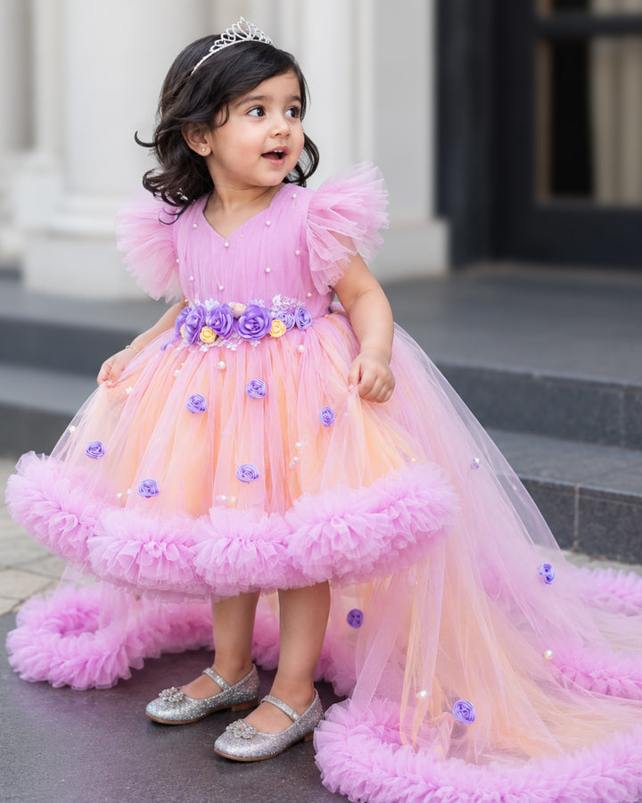 Lilac and baby yellow dual tone floral fancy partywear frock for baby girl – front view, Stanwells Kids