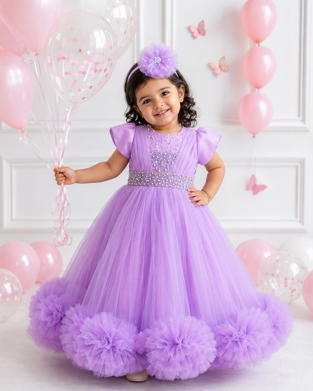 Lilac Shade Handwork Pleated Ruffles Floor Length Gown - Stanwells Kids