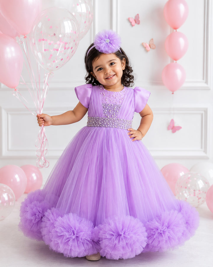Lilac Shade Handwork Pleated Ruffles Floor Length Gown - Stanwells Kids