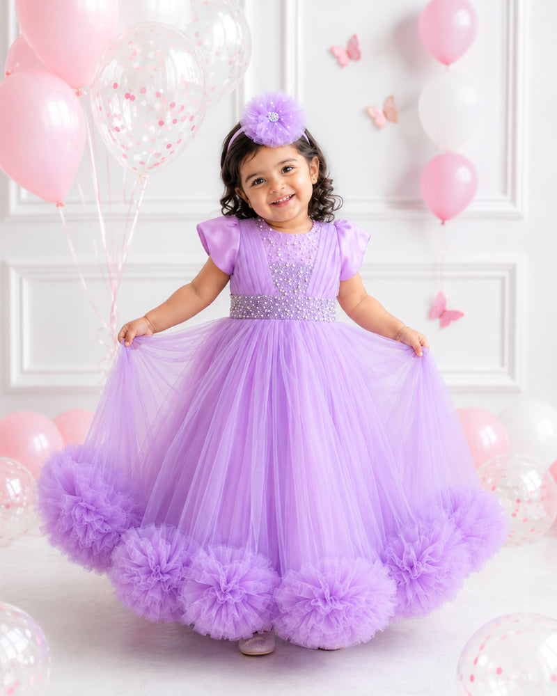 Lilac Handwork Pleated Ruffles Floor Length Birthday Gown for Baby Girl – Stanwells Kids
