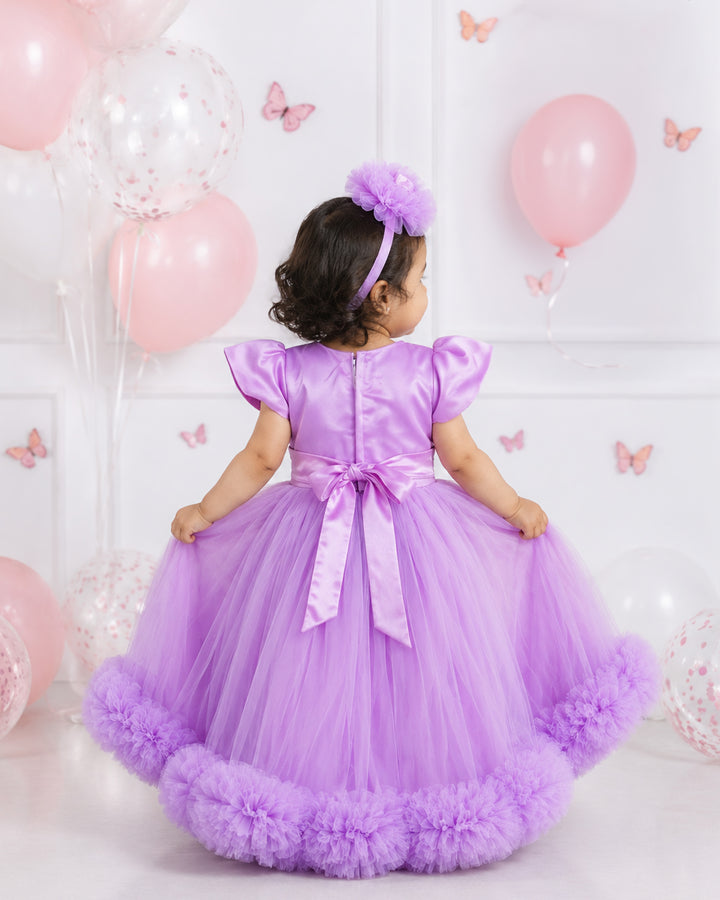 Lilac Shade Handwork Pleated Ruffles Floor Length Gown - Stanwells Kids