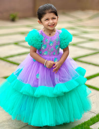 Lilac Sea Green Heavy Handwork Pleated Ruffles Birthday Gown for Baby Girl – Stanwells Kids