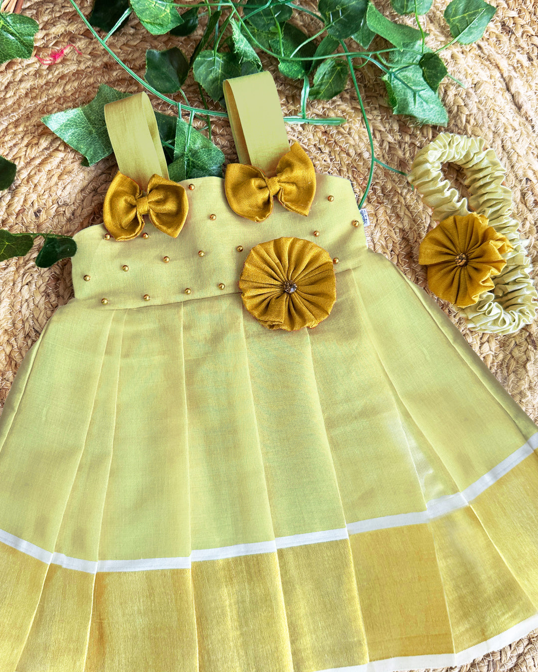 Baby girls birthday dress – lime gold Kerala handloom tissue frock for festive wear

