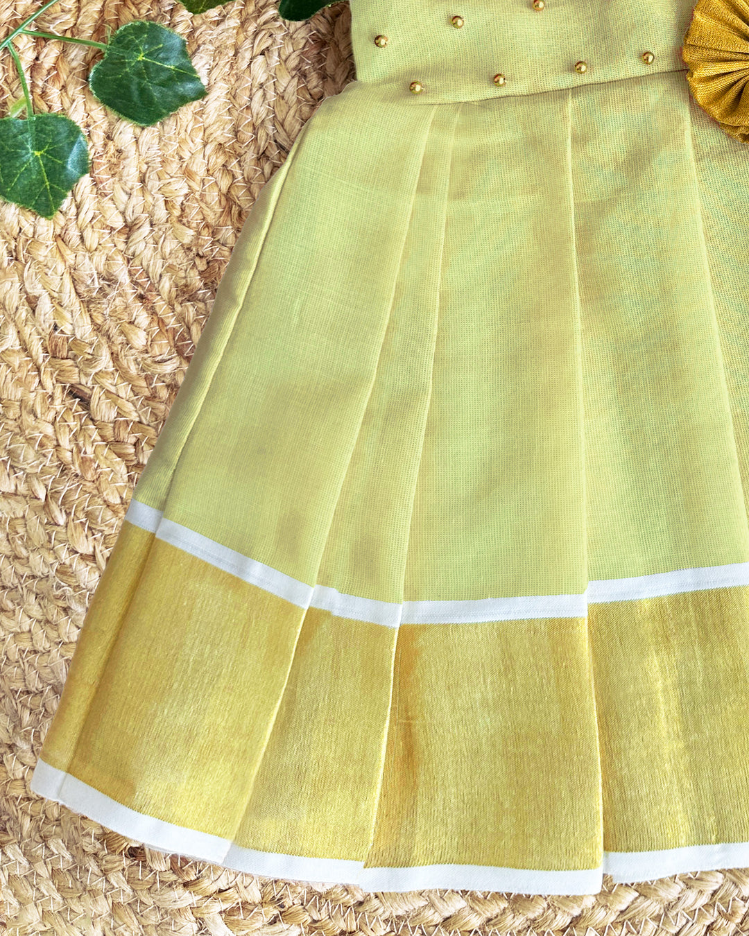 Baby girls birthday dress – lime gold Kerala handloom tissue frock for festive wear


