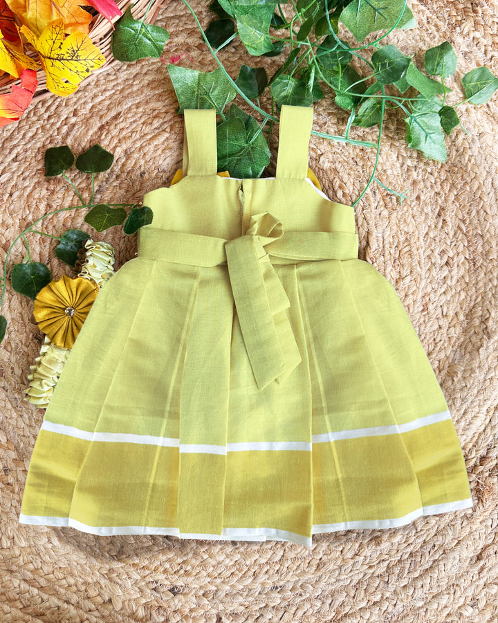 Baby girls birthday dress – lime gold Kerala handloom tissue frock for festive wear

