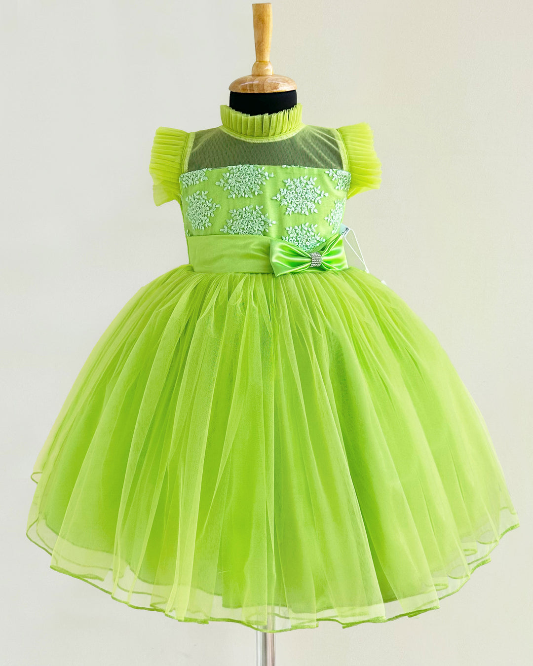 Lime green embroidery frock birthday dress for baby girls