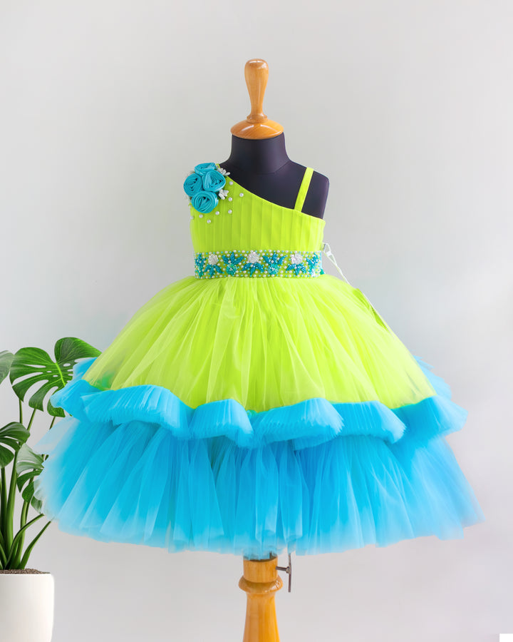 Lime green sky blue combo strap sleeve gown for baby girl – full look, Stanwells Kids