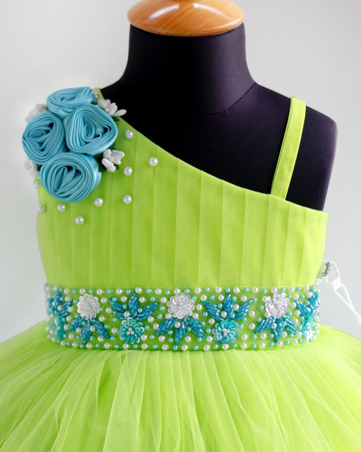 One strap sleeve pleated neckline on lime green sky blue party gown – Stanwells Kids