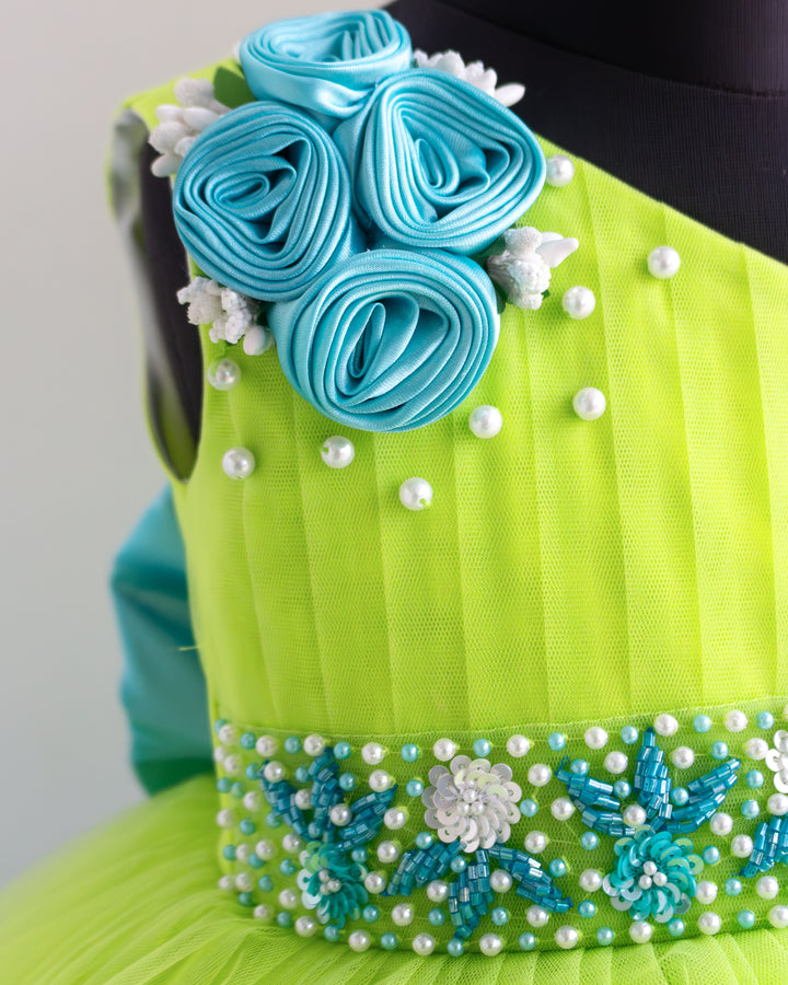 Handwork flower yoke detail on lime green partywear gown for girls – Stanwells Kids