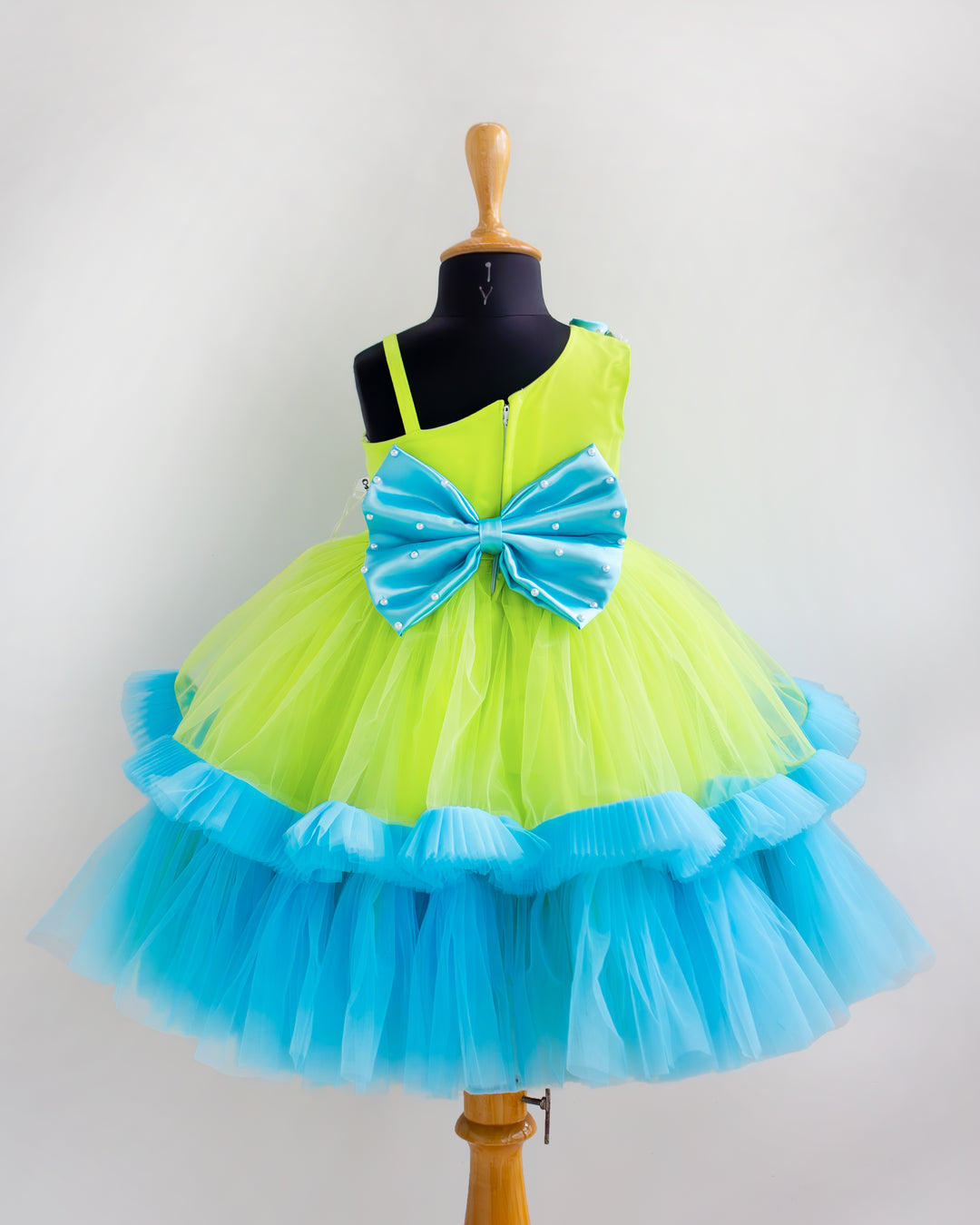 Back sky blue bow detail on lime green sky blue combo birthday gown – Stanwells Kids