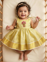 Lime Gold Kerala Handloom Tissue Embroidery Kettuduppu Frock for Baby Girl – Stanwells Kids