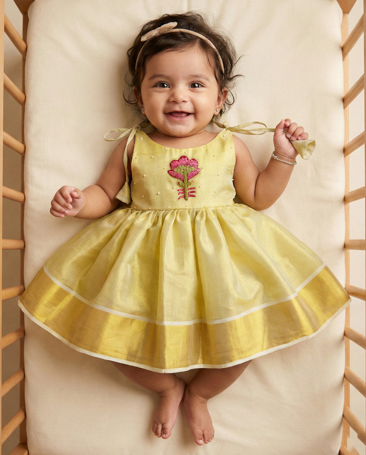 Lime gold Kerala handloom tissue embroidery kettuduppu frock for baby girl – Stanwells Kids