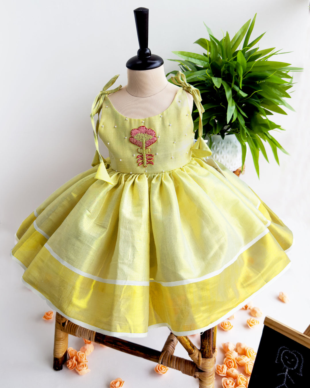 baby girl birthday dress kerala tissue embroidery frock lime gold