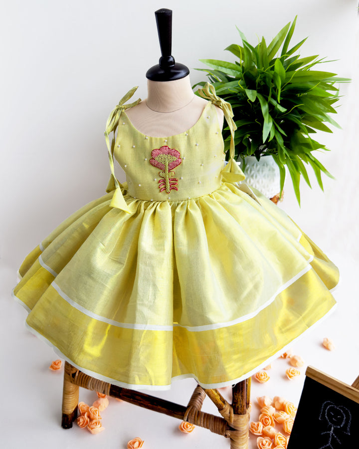 baby girl birthday dress kerala tissue embroidery frock lime gold