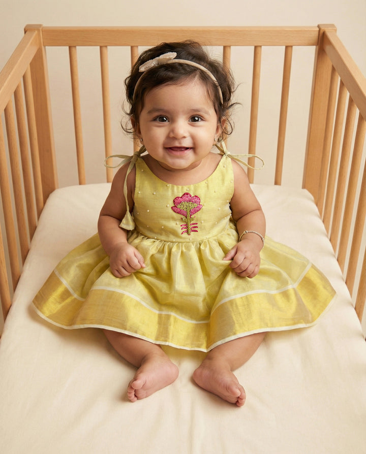 baby girl birthday dress kerala tissue embroidery frock lime gold
