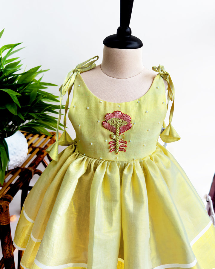 baby girl birthday dress kerala tissue embroidery frock lime gold