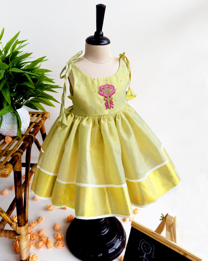 baby girl birthday dress kerala tissue embroidery frock lime gold