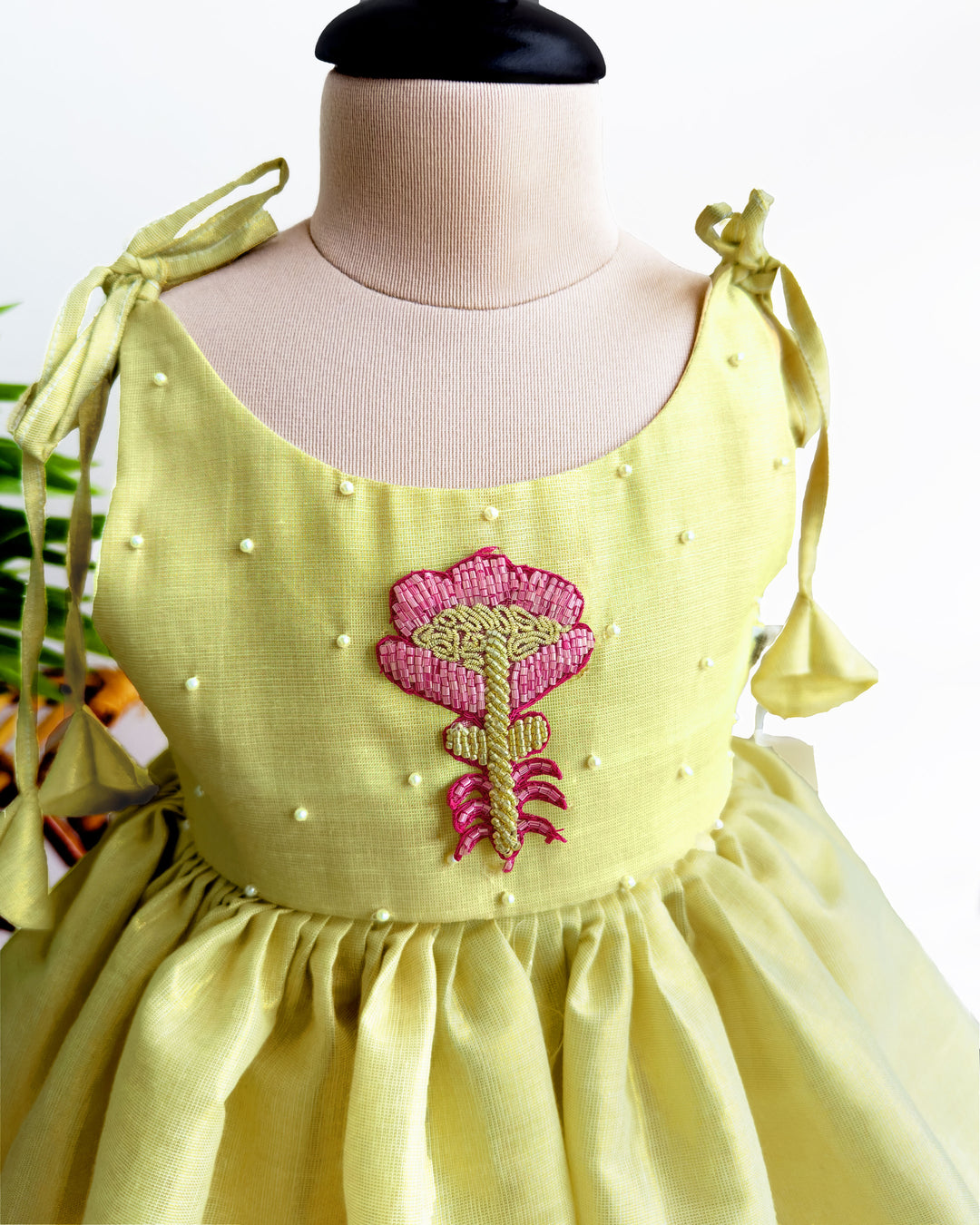 baby girl birthday dress kerala tissue embroidery frock lime gold