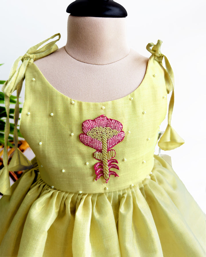 baby girl birthday dress kerala tissue embroidery frock lime gold