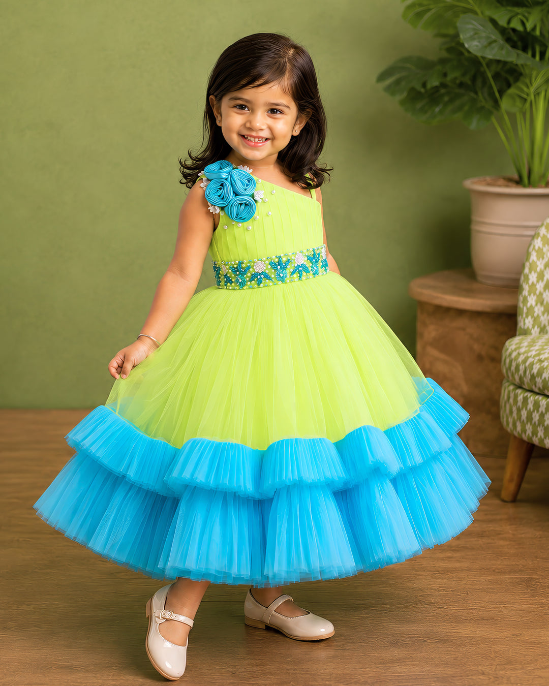 Lime green &amp; sky blue strap sleeve partywear gown for girls – front view, Stanwells Kids