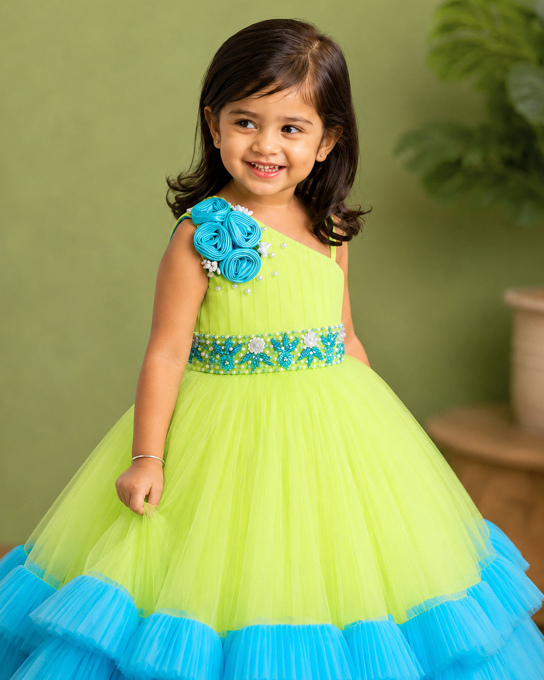 Handwork bead and sequin belt detail on lime green sky blue gown – Stanwells Kids