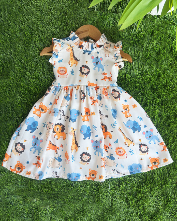 Lion printed baby girl's rayon frock