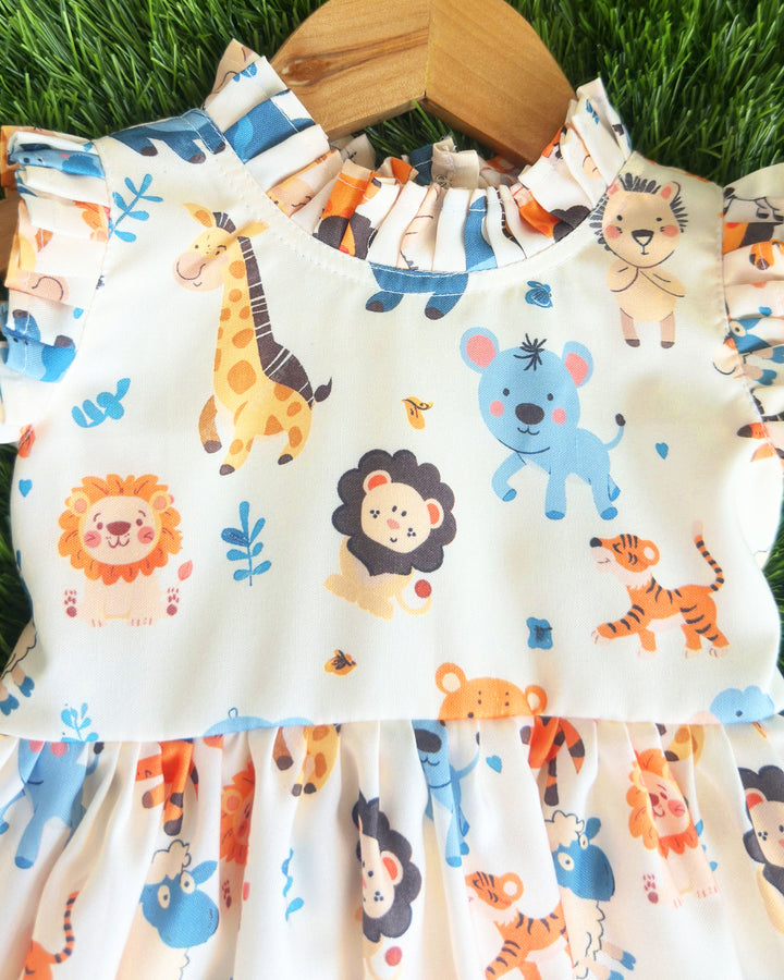 Lion printed baby girl's rayon frock