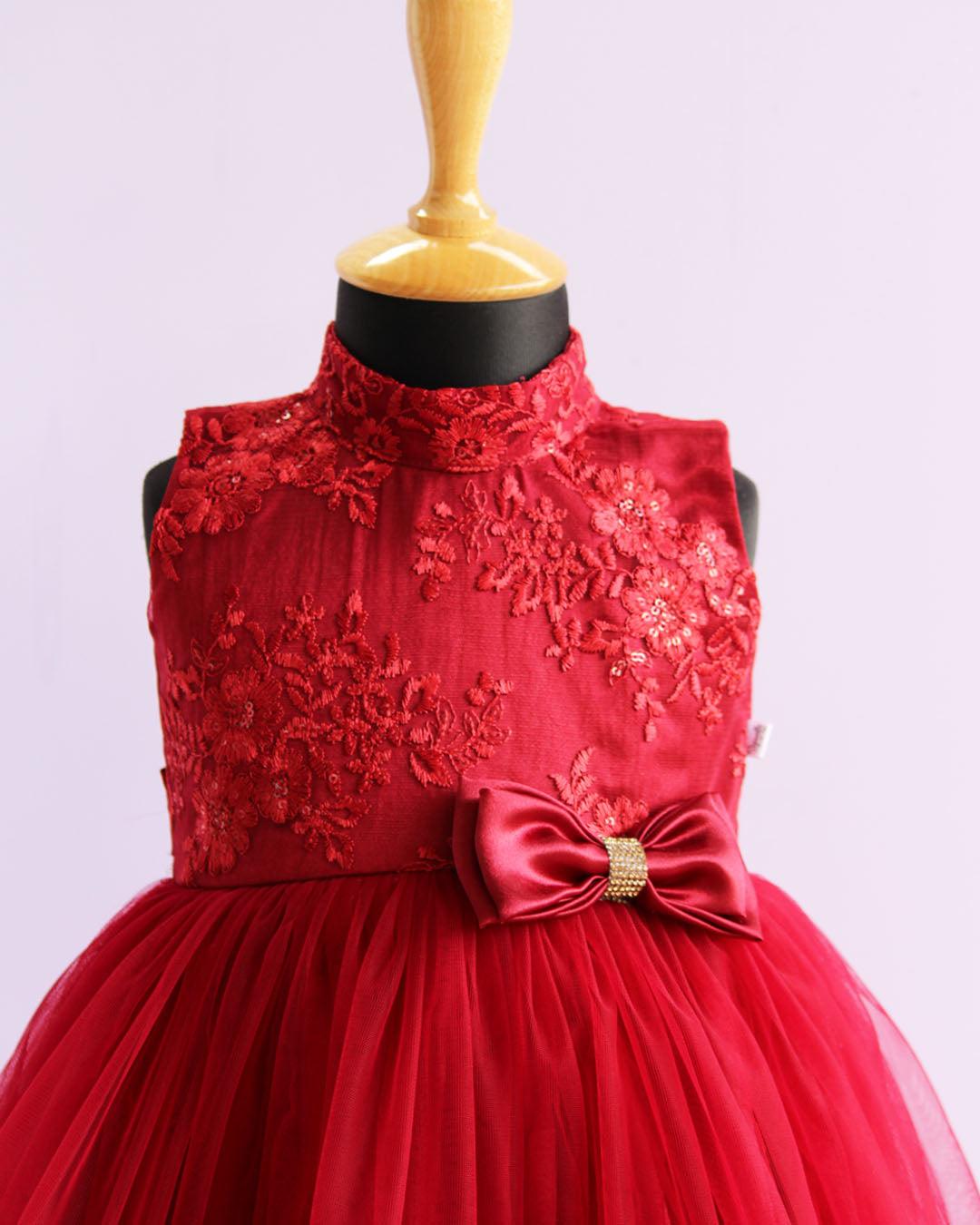 Reddish Meroon Sequins Thread Embroidery Ruffles Flarred Birthday Froc