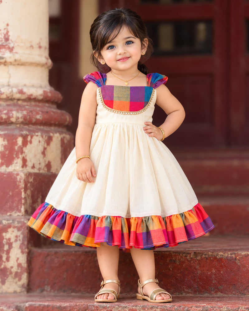 Madras Check Cream Kerala Handloom Festive Frock for Baby Girl - Stanwells Kids