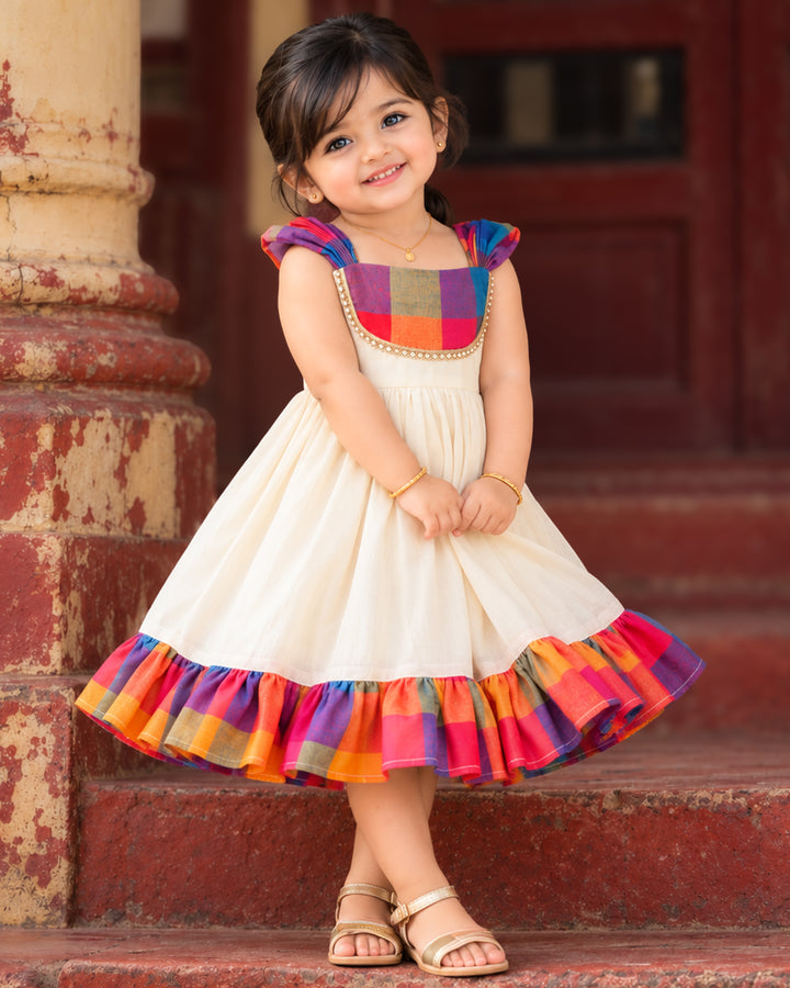 Kerala Handloom Festive Frock Madras Check Cream Baby Girl – Stanwells Kids