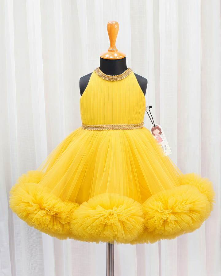 Mango yellow ruffled birthday dress for baby girls, pleated halter neck frock, stylish partywear outfit by Stanwells Kids