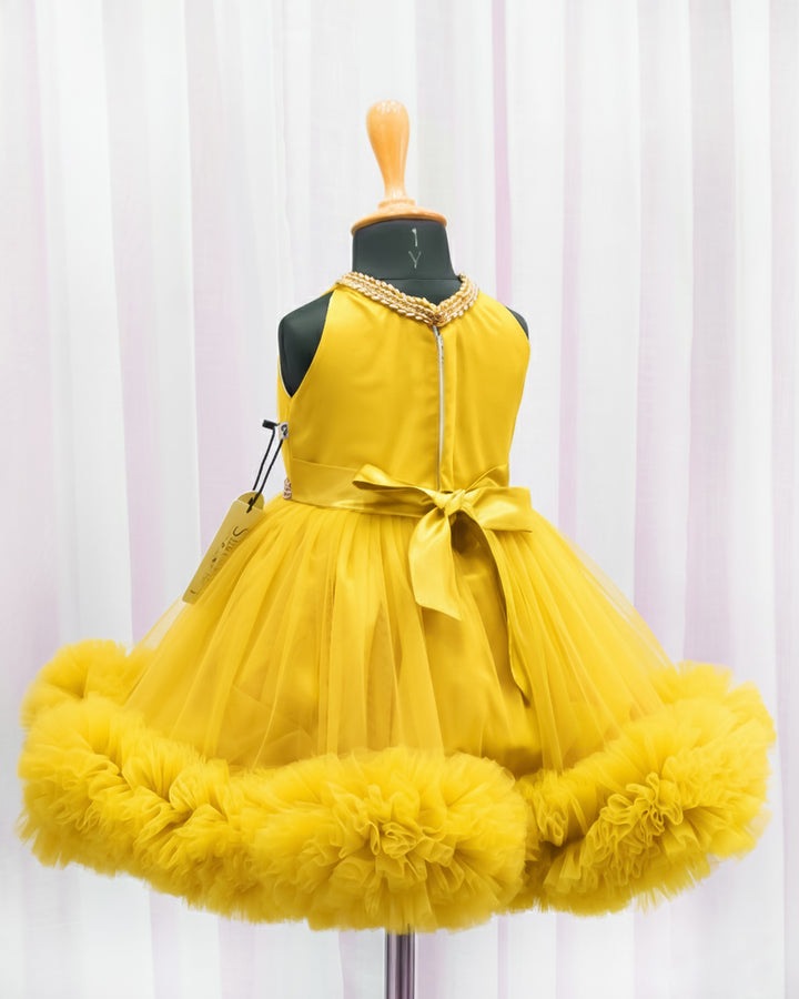 Mango yellow ruffled birthday dress for baby girls, pleated halter neck frock, stylish partywear outfit by Stanwells Kids