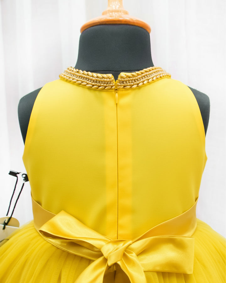 Mango yellow ruffled birthday dress for baby girls, pleated halter neck frock, stylish partywear outfit by Stanwells Kids