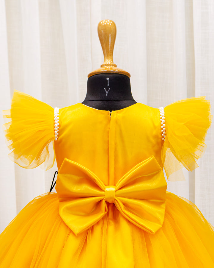 Mango Yellow Baby Girls Birthday Dress, Western Style Party Wear Frock, Elegant Pleated Kids Outfit