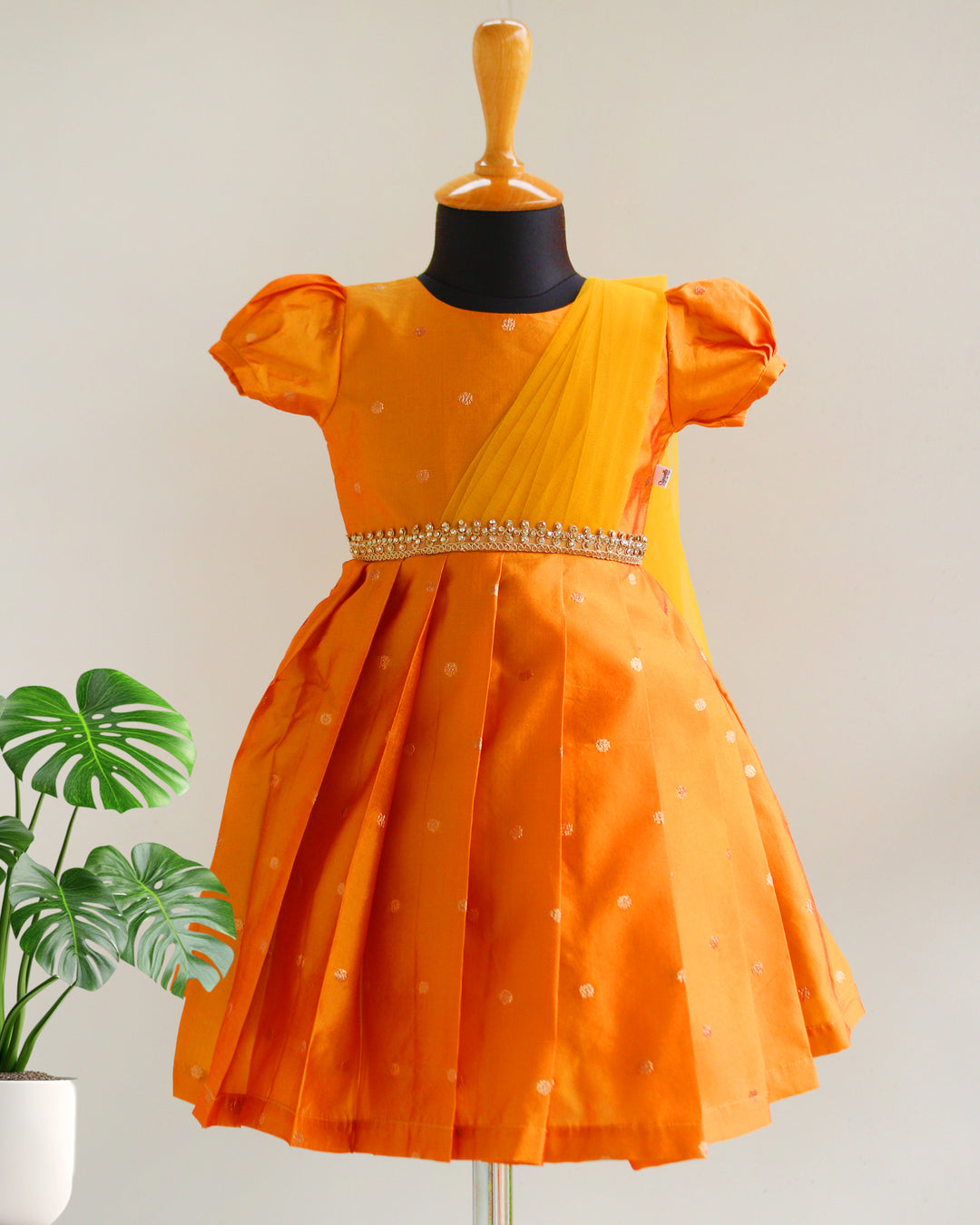 Mango Yellow Silk Butti Frock – Ethnic Partywear & Birthday Dress for Baby Girls by Stanwells Kids