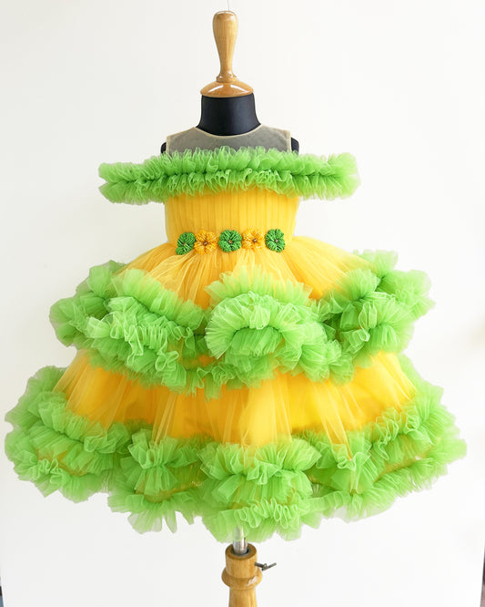 Mango Yellow Parrot Green Two-Layer Birthday Frock for Baby Girls