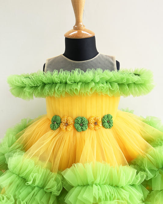 Mango Yellow Parrot Green Two-Layer Birthday Frock for Baby Girls