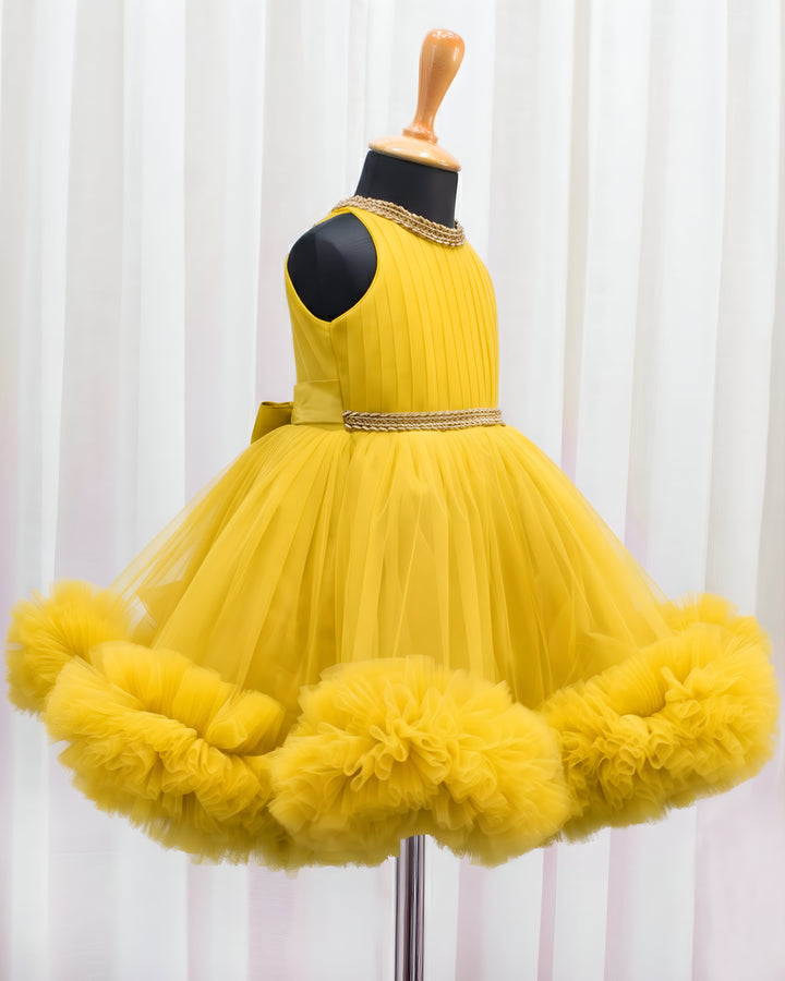 Mango yellow ruffled birthday dress for baby girls, pleated halter neck frock, stylish partywear outfit by Stanwells Kids